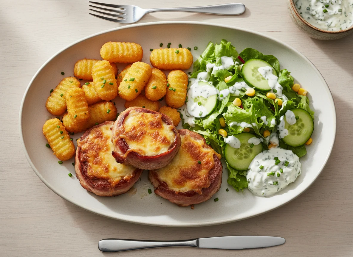 Überbackenes Schweinefilet mit Kroketten und Salat photo