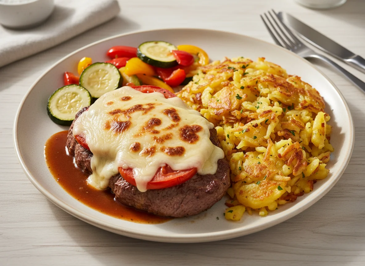 Überbackenes Steak mit Röstkartoffeln und Gemüse photo