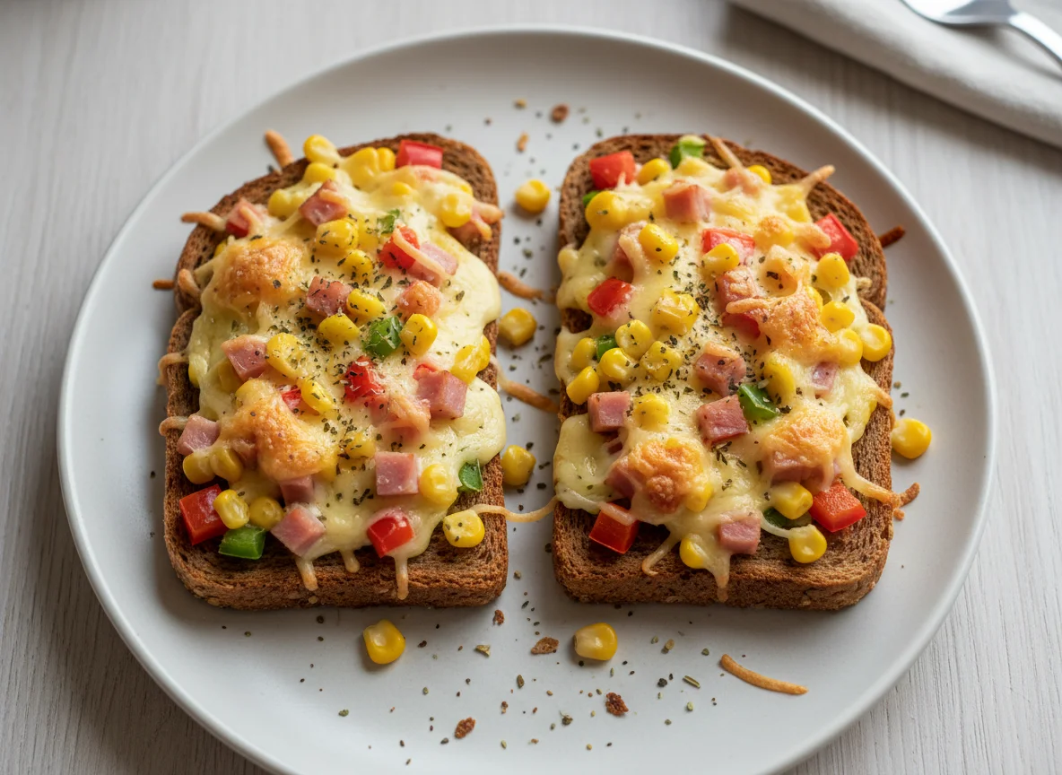 Überbackenes Toastbrot mit Mais, Paprika und Schinken photo