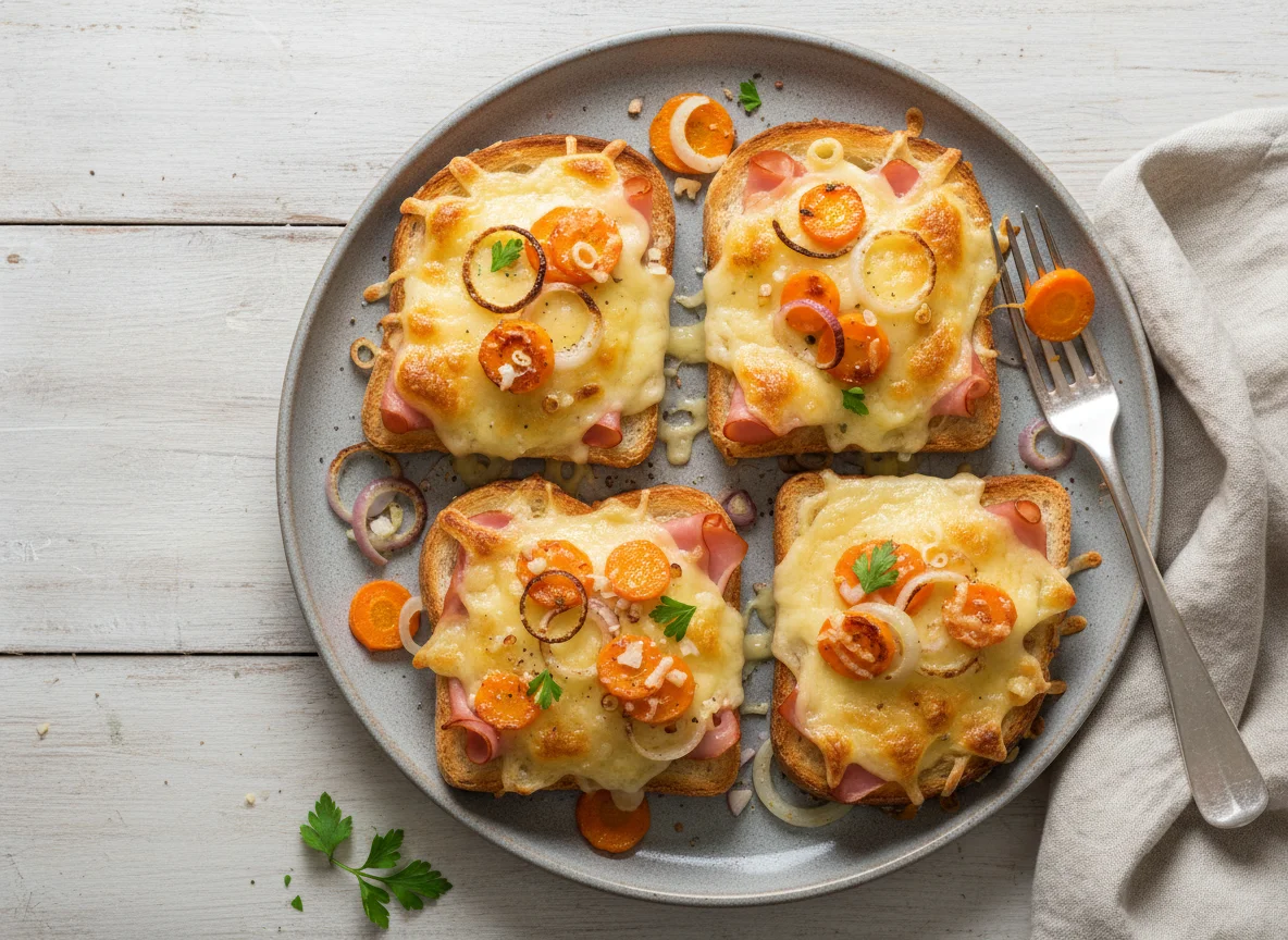 Überbackenes Toastbrot mit Schinken und Käse photo