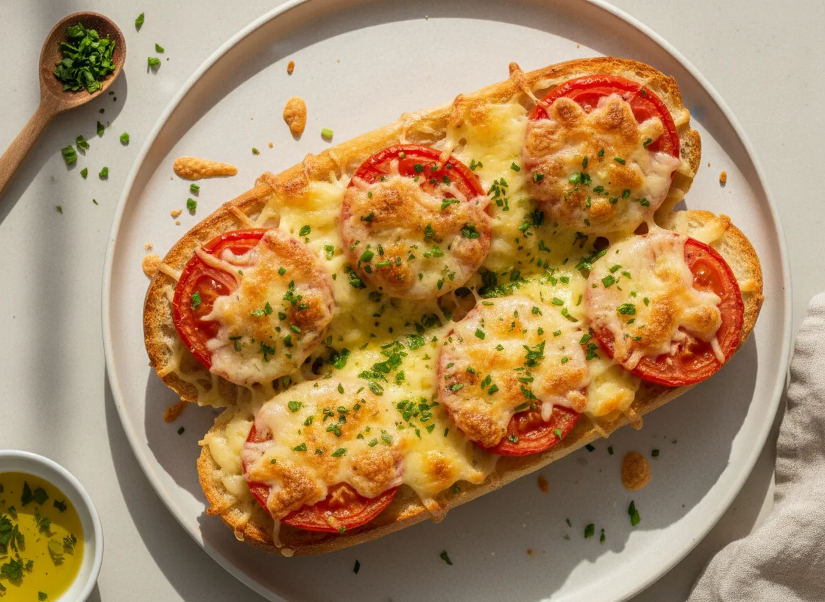 Überbackenes Tomaten-Käse-Baguette photo