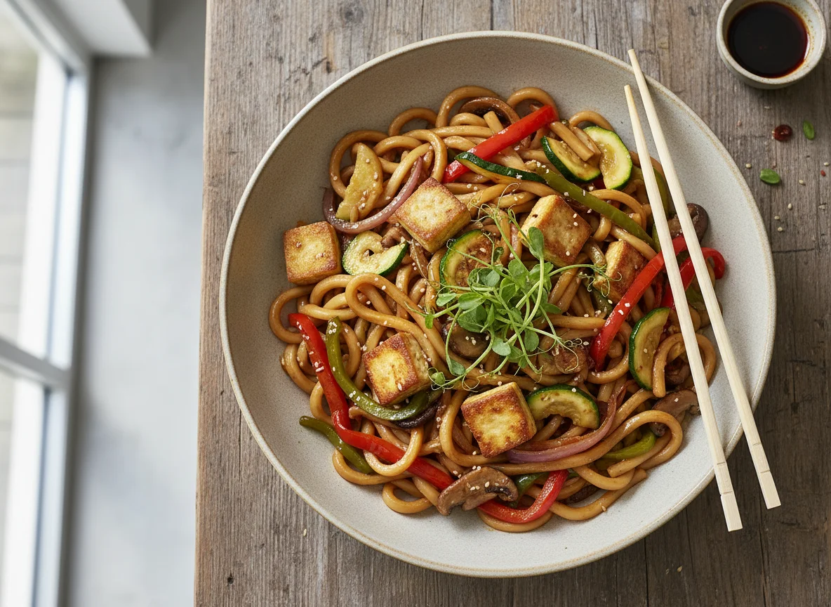 Udon Nudeln mit gebratenem Tofu und Gemüse photo