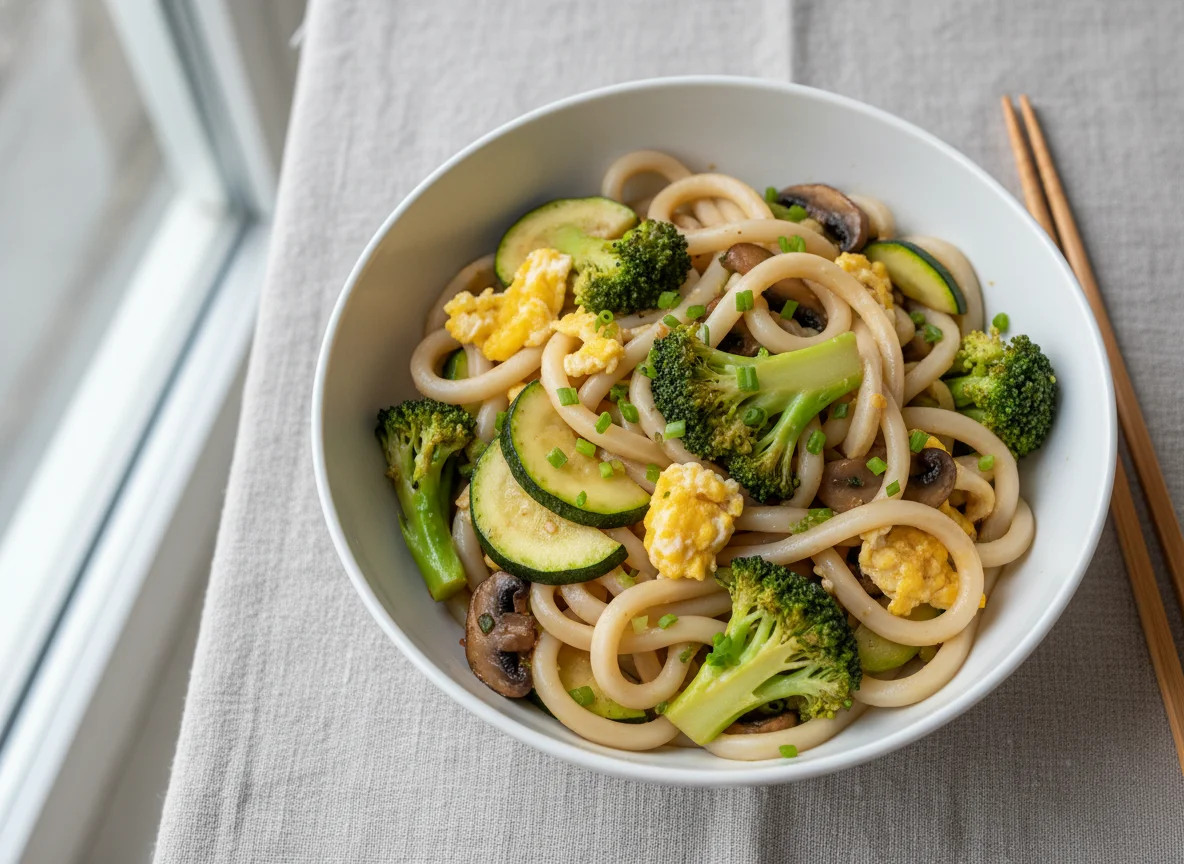 Udon Nudeln mit Gemüse und Ei photo