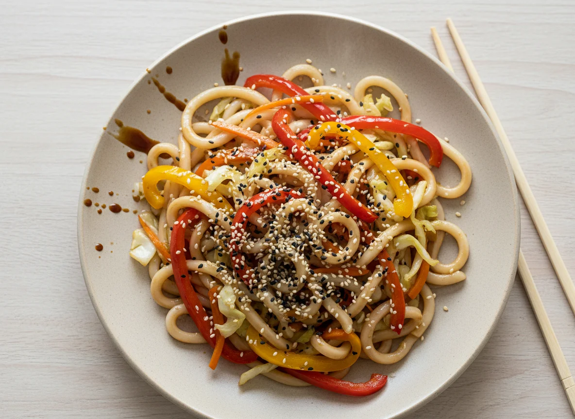 Udon Nudeln mit Gemüse und Sesam photo
