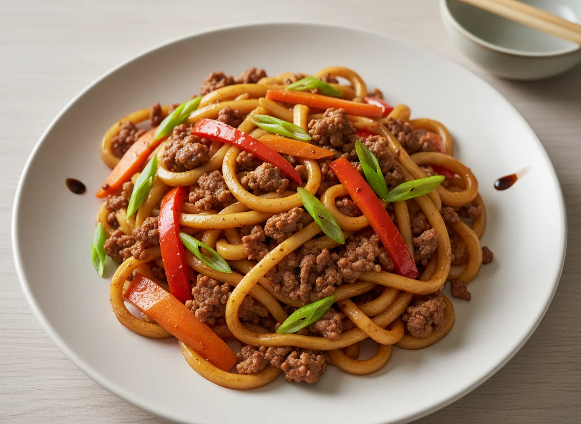 Udon Nudeln mit Hackfleisch und Gemüse photo