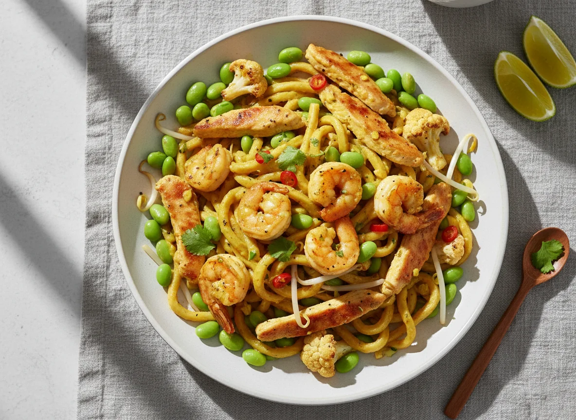 Udon Nudeln mit Hähnchen, Scampi und Curry-Kokosmilch-Sauce photo