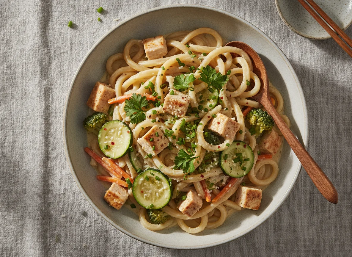 Udon Nudeln mit Hähnchen und Gemüse in cremiger Sauce photo