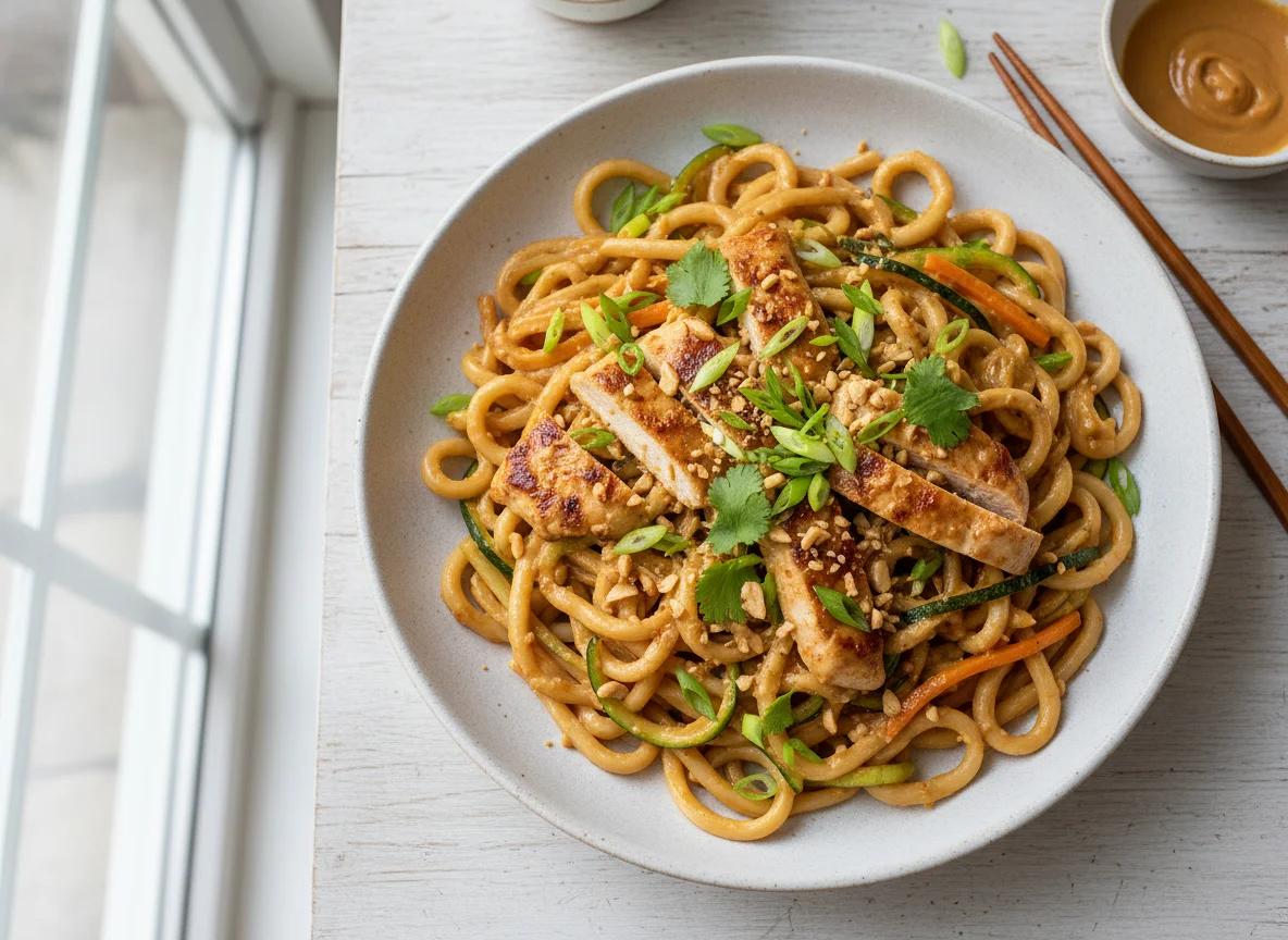 Udon Nudeln mit Hähnchen und Gemüse in Erdnusssoße photo