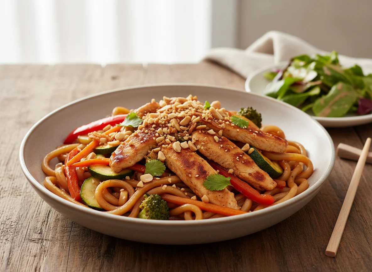 Udon Nudeln mit Huhn und Gemüse photo