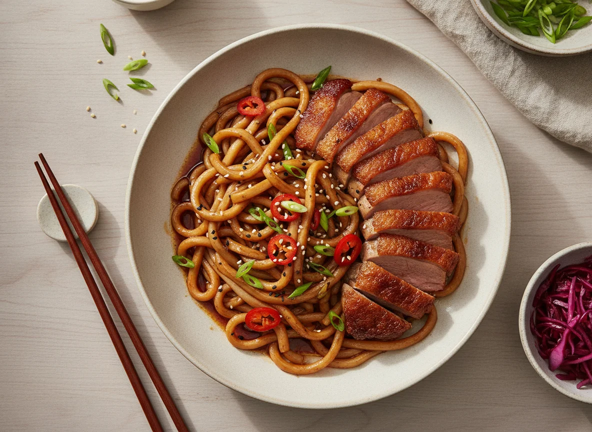 Udon Nudeln mit knuspriger Ente photo