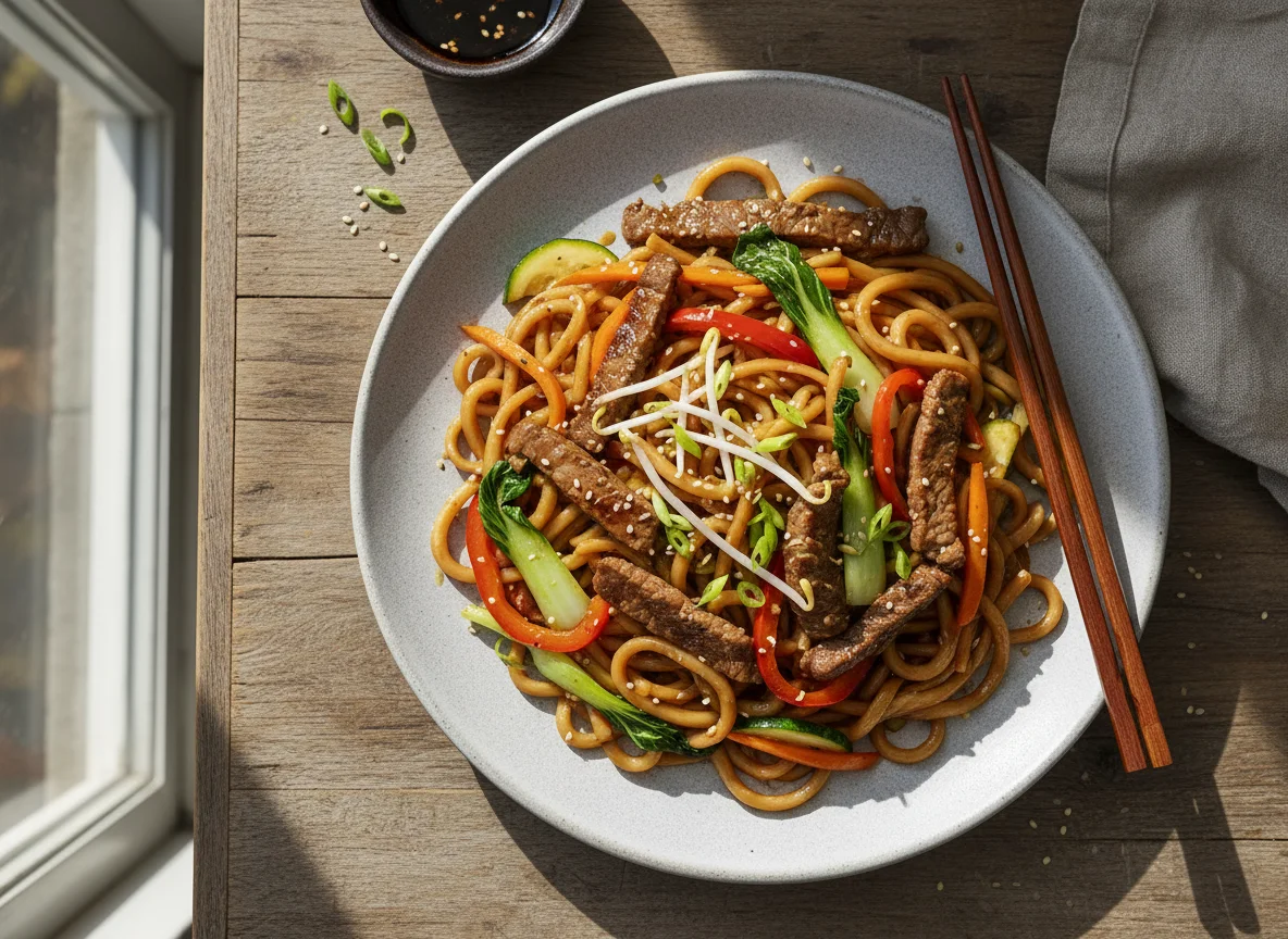 Udon Nudeln mit Rindfleisch und Gemüse photo