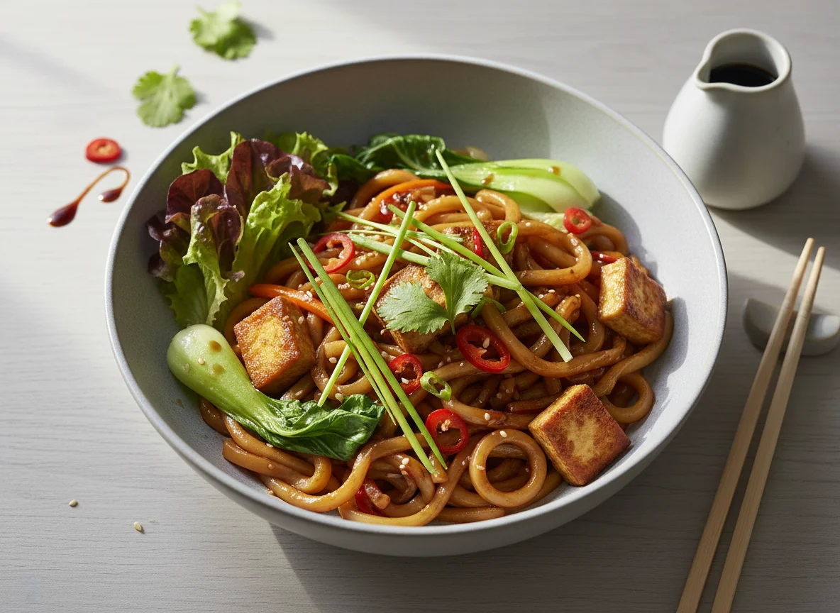 Udon Nudeln mit Tofu und Gemüse photo