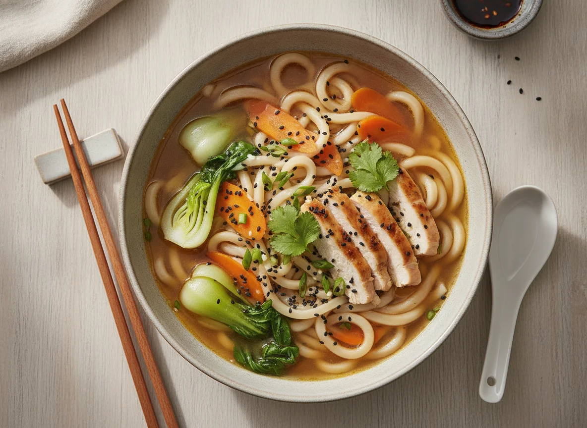 Udon Nudelsuppe mit Hühnchen und Gemüse photo