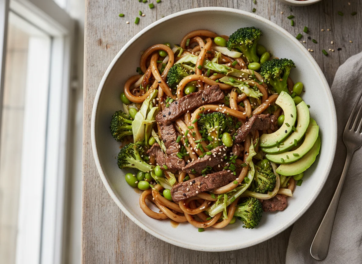 Udon-Nudel-Bowl mit Rindfleisch und Gemüse photo
