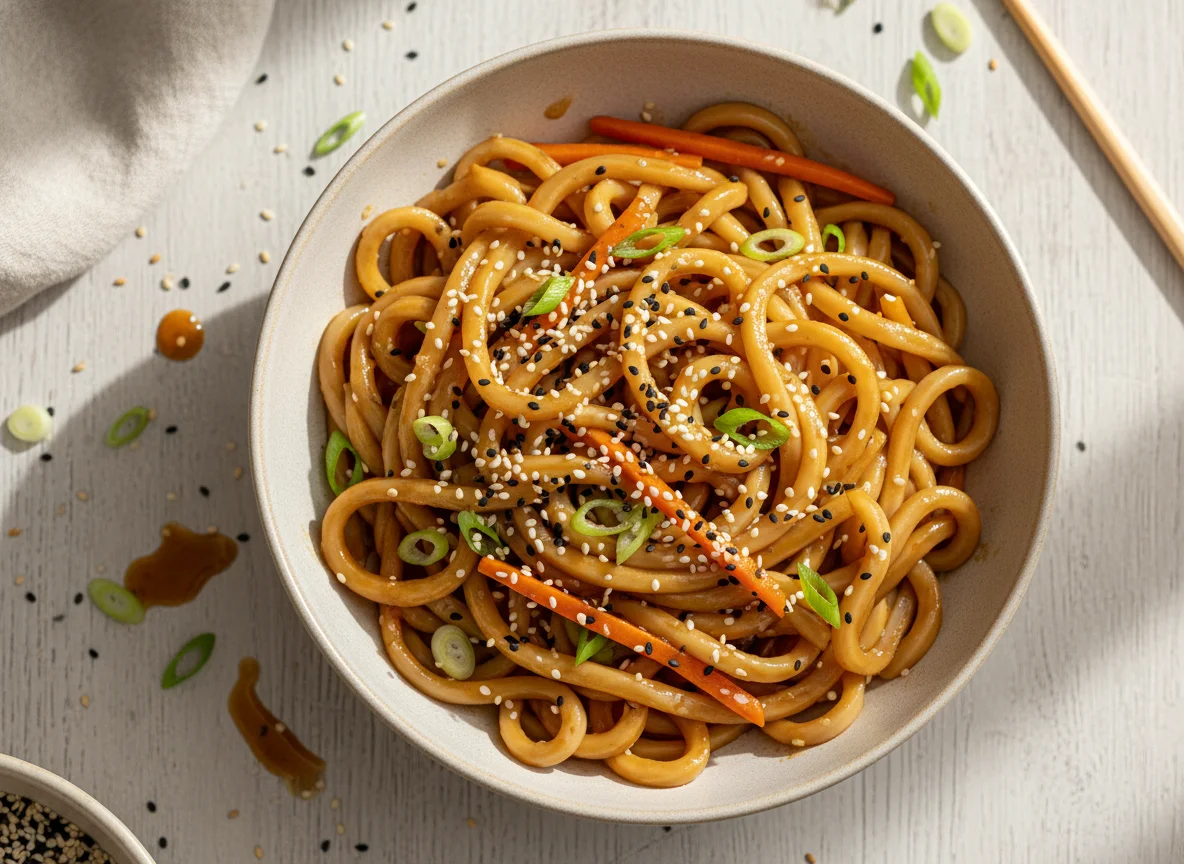 Udon-Nudel-Bowl mit Soja-Ingwer-Sauce photo