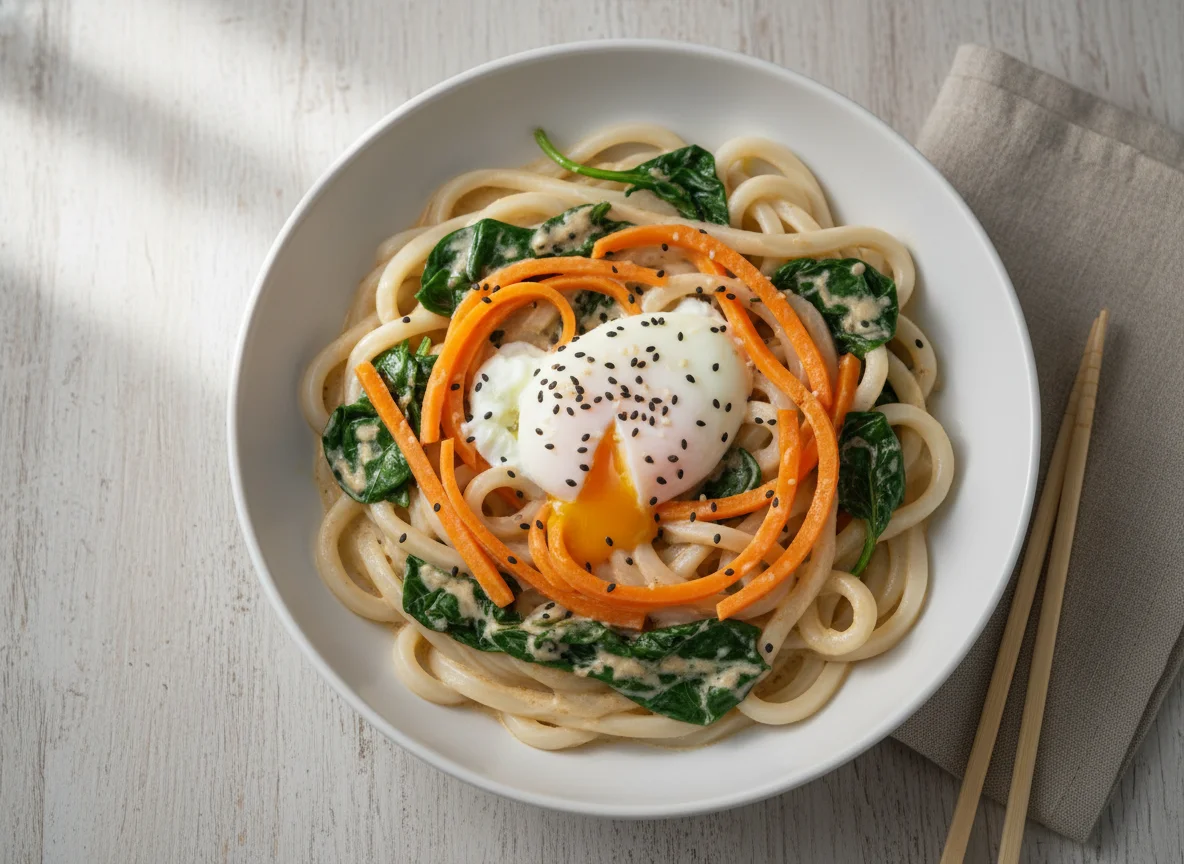 Udon-Nudeln mit cremiger Sauce, Spinat und Ei photo