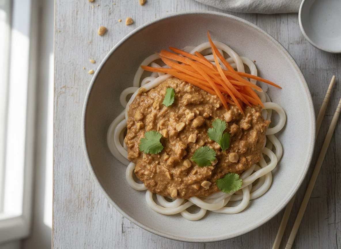 Udon-Nudeln mit Erdnusssauce photo