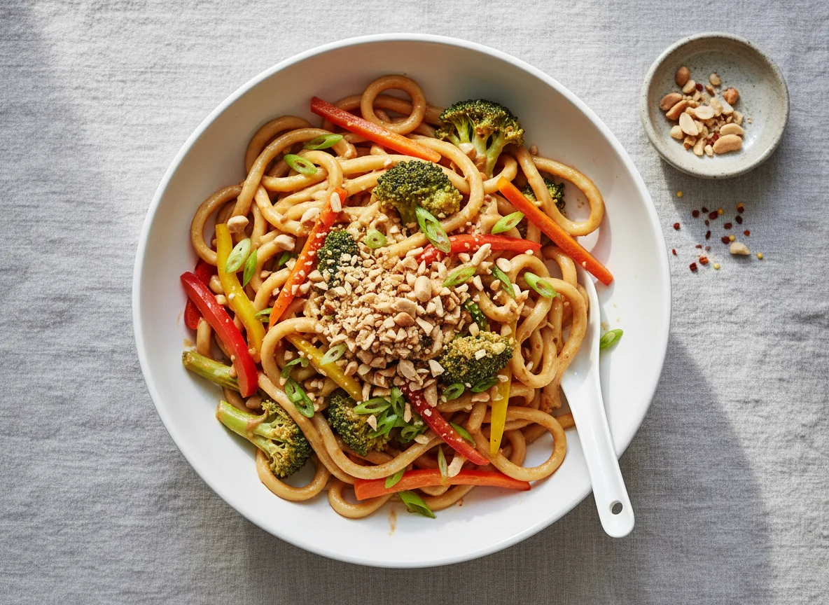 Udon-Nudeln mit Erdnusssauce und Gemüse photo