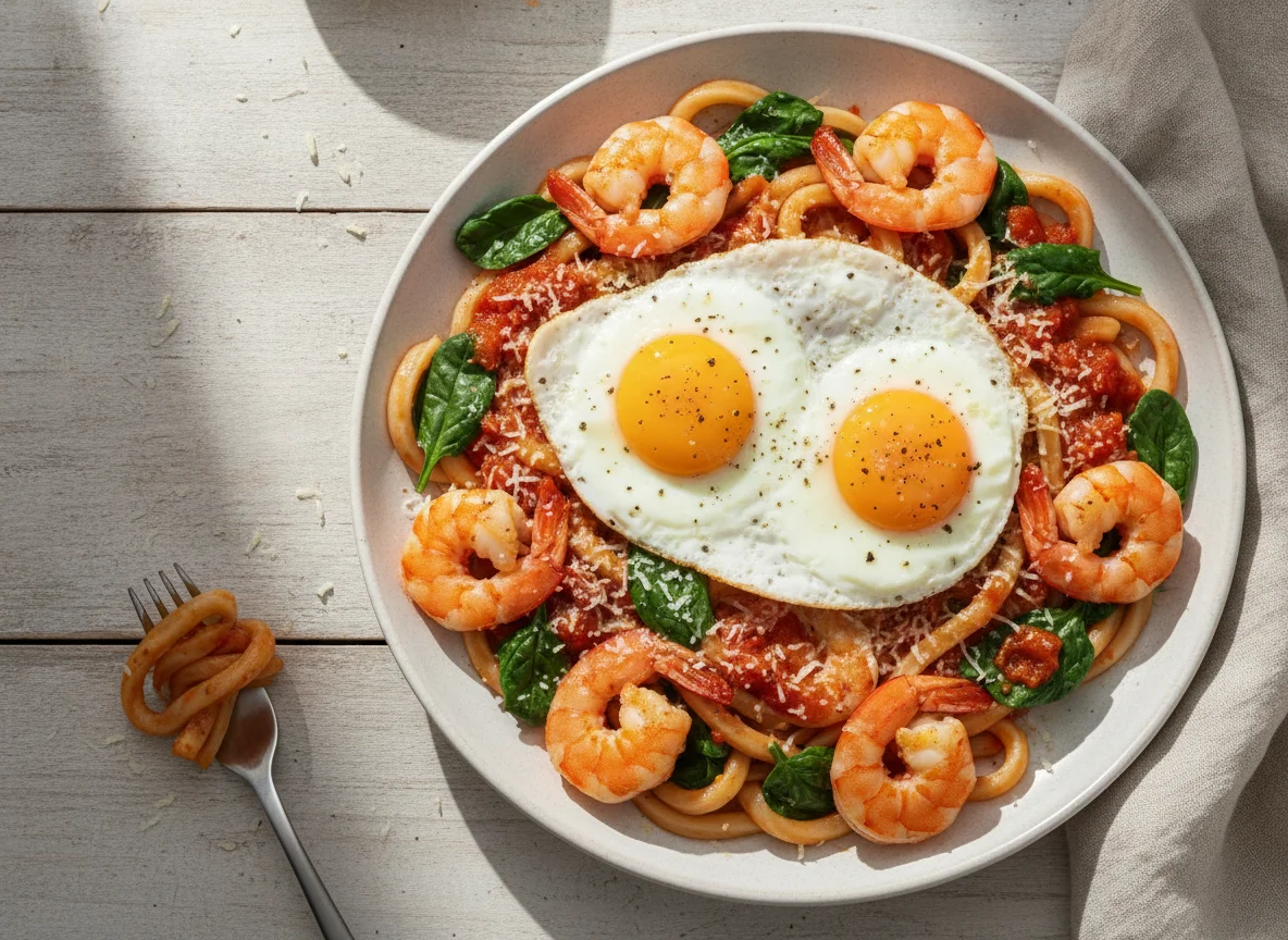 Udon-Nudeln mit Garnelen, Spinat, Tomatensoße, Käse und Spiegeleiern photo