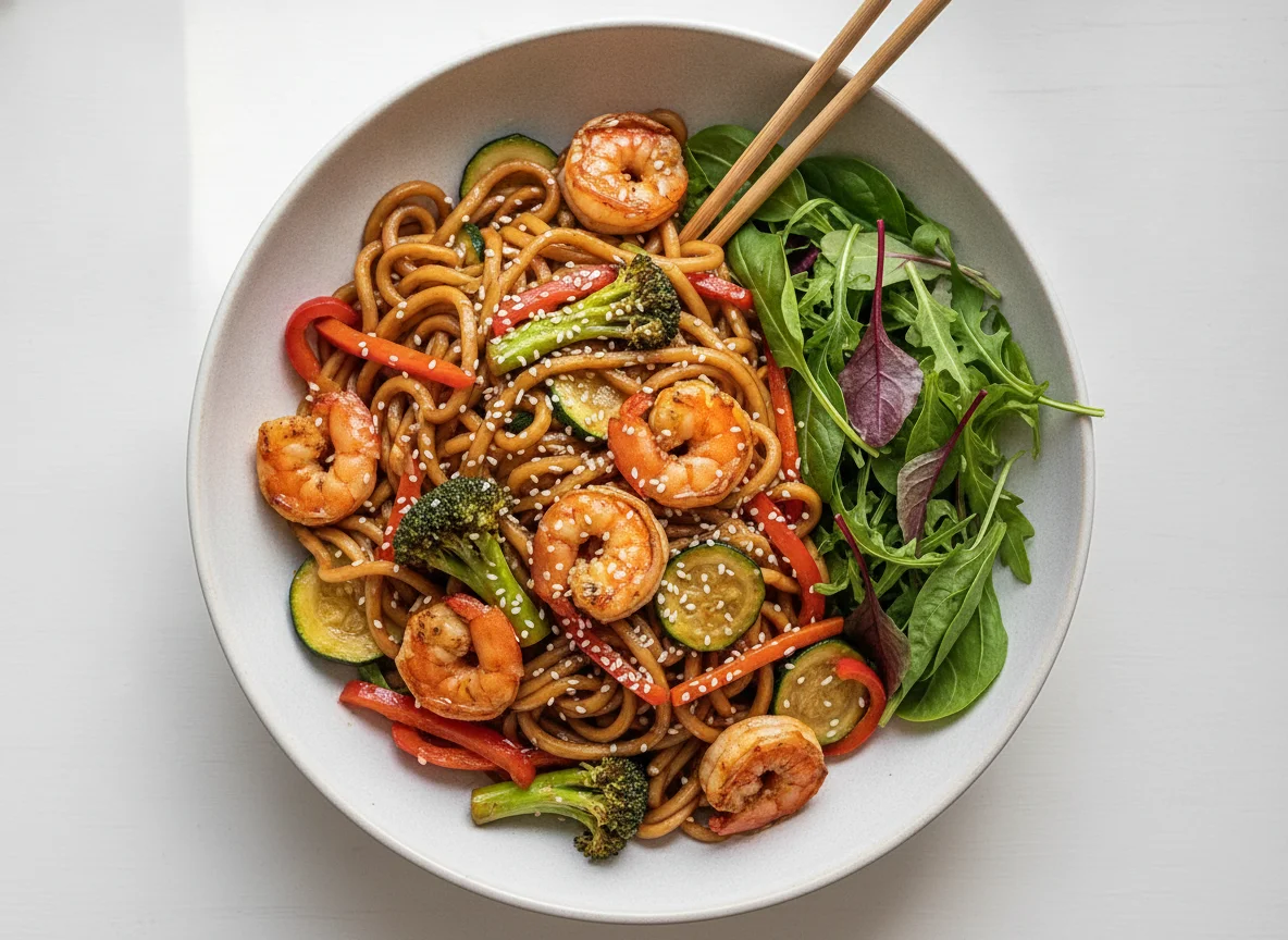 Udon-Nudeln mit Garnelen und Gemüse photo