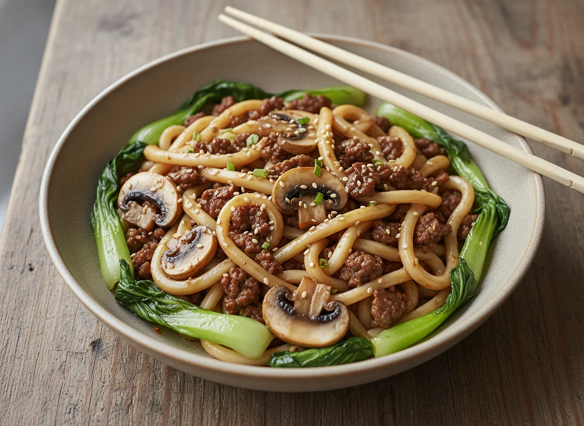 Udon-Nudeln mit Hackfleisch und Pilzen photo