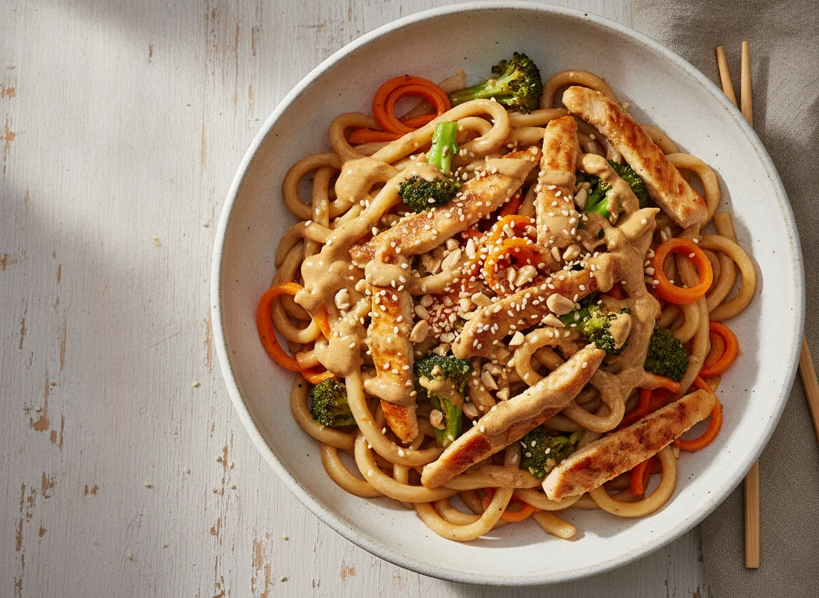 Udon-Nudeln mit Hähnchen, Brokkoli und Erdnusssauce photo