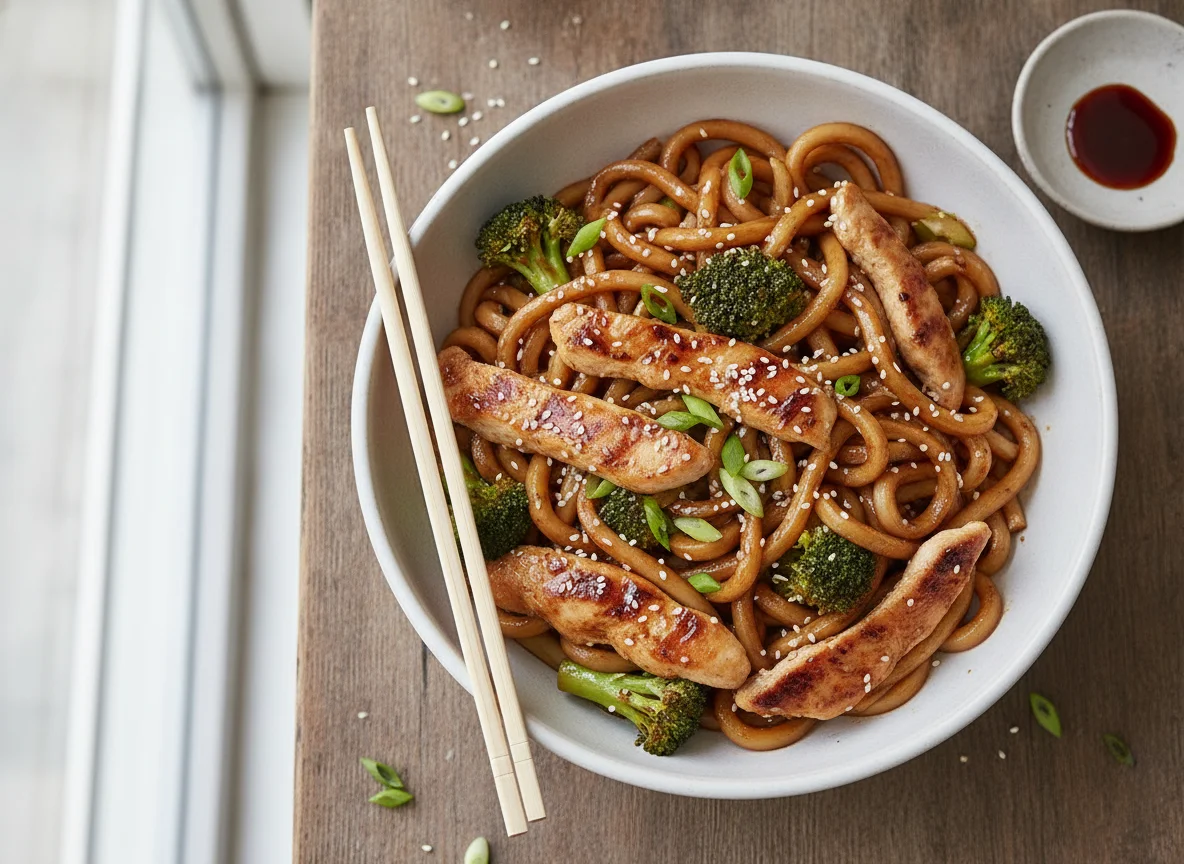 Udon-Nudeln mit Hähnchen und Brokkoli photo