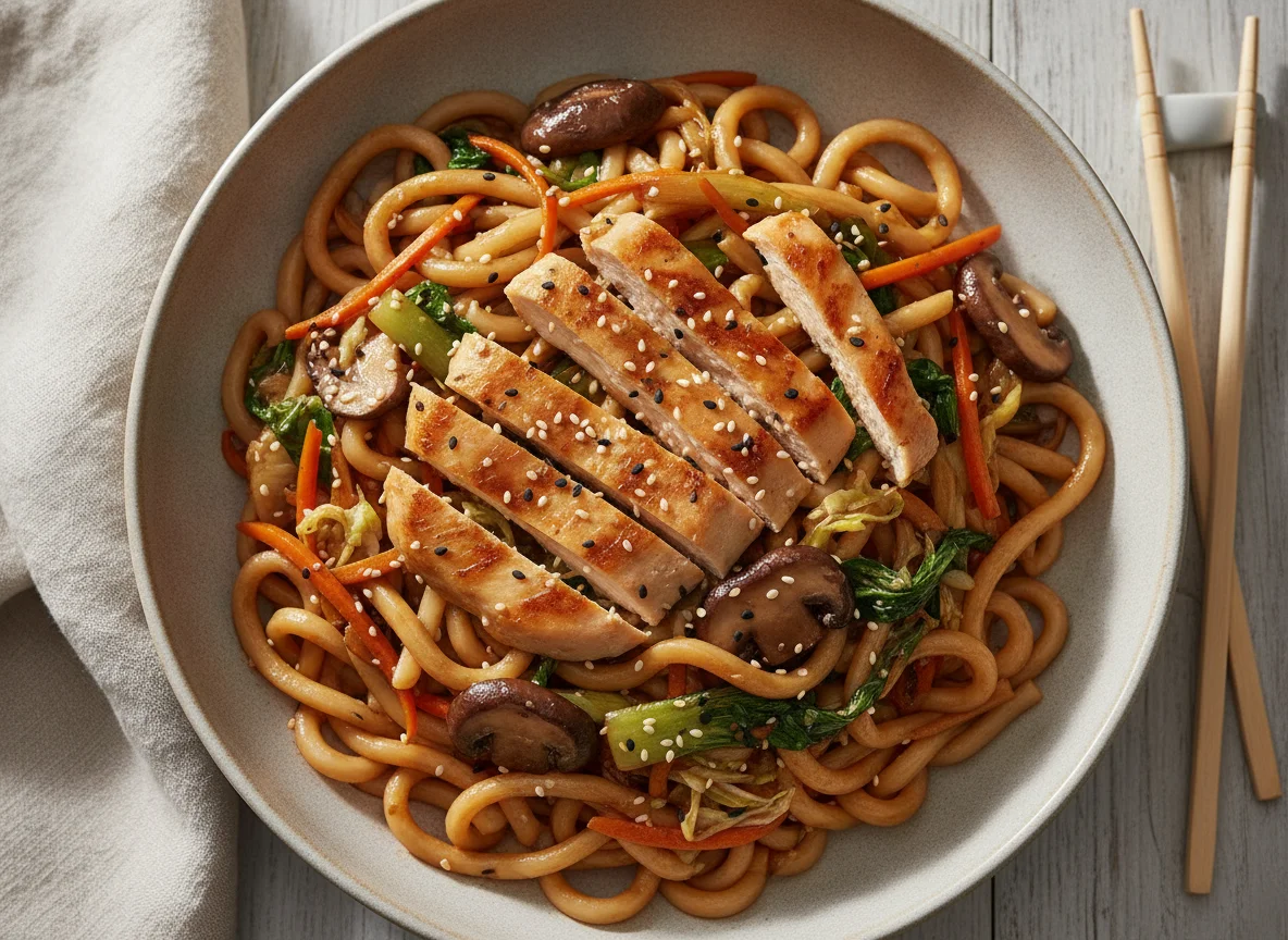 Udon-Nudeln mit Hähnchen und Gemüse photo