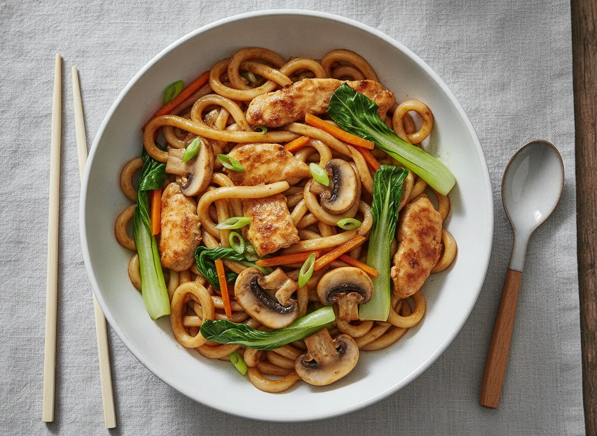 Udon-Nudeln mit Hähnchen und Pilzen photo