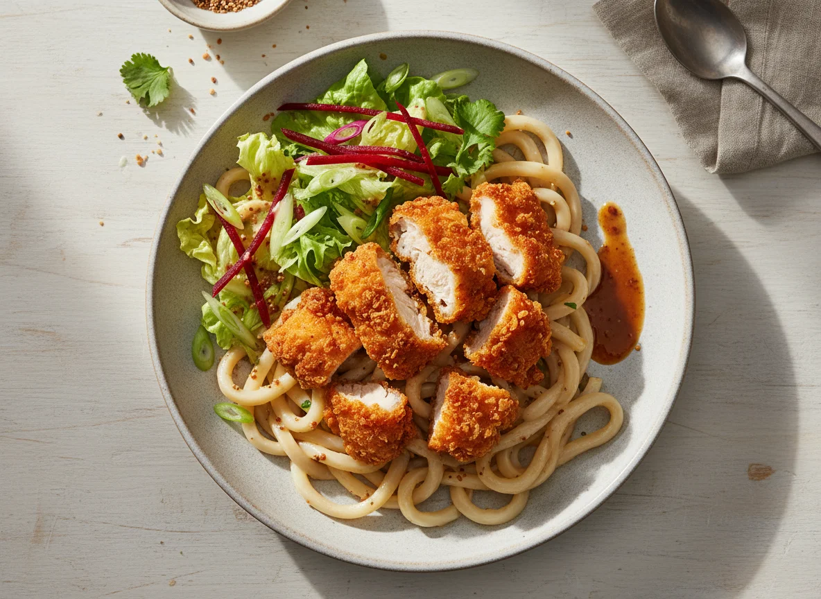 Udon-Nudeln mit knusprigem Hähnchen photo