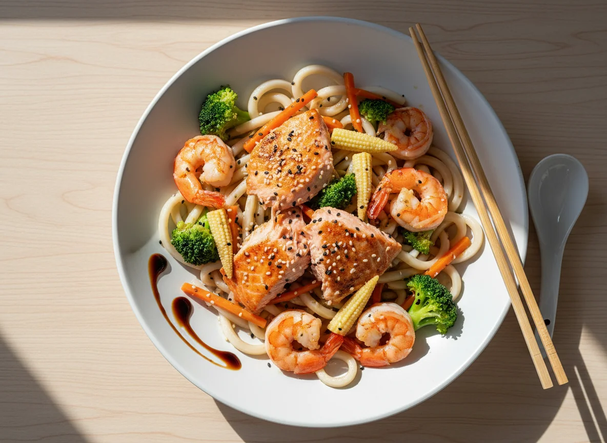 Udon-Nudeln mit Lachs, Garnelen und Gemüse photo