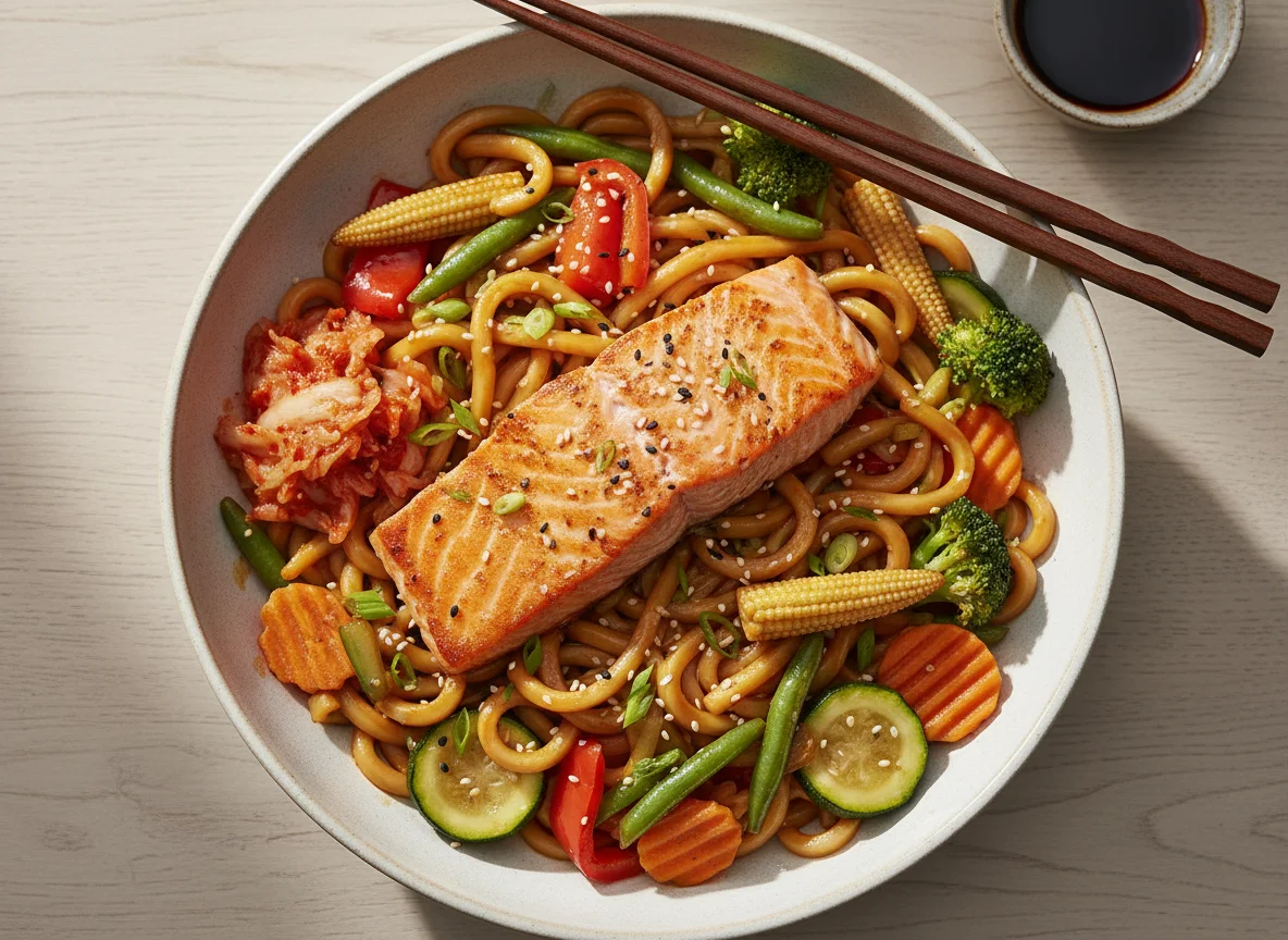 Udon-Nudeln mit Lachs und Gemüse photo