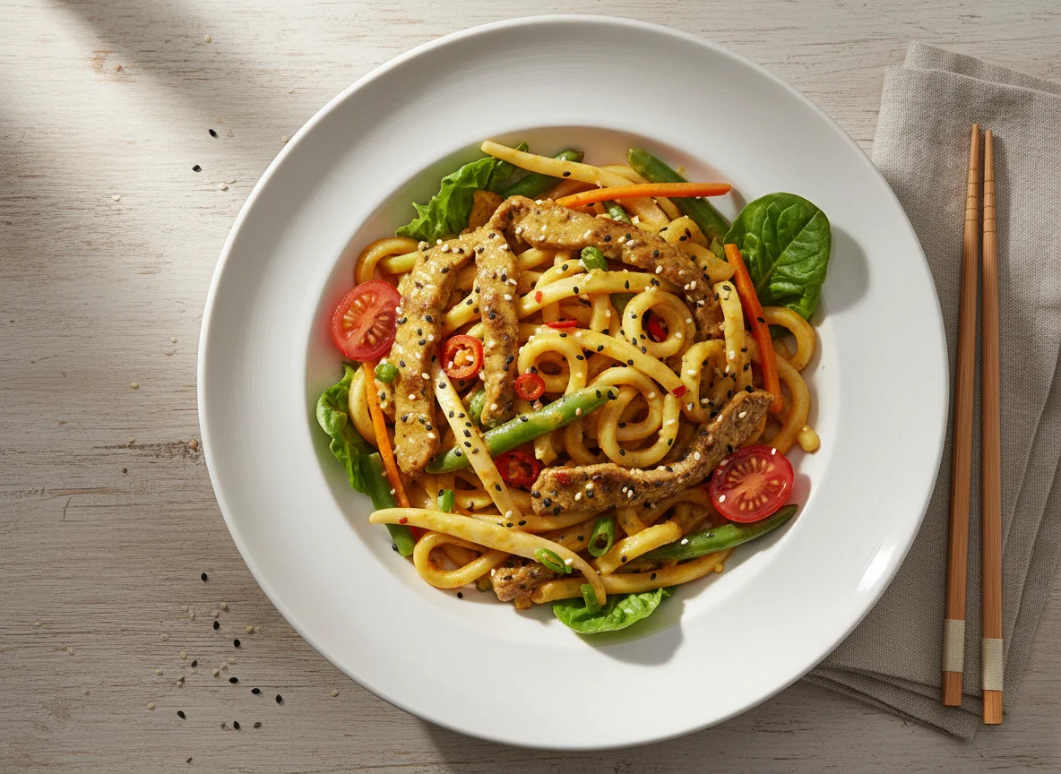 Udon-Nudeln mit Rindfleisch und Kokos-Curry-Sauce photo