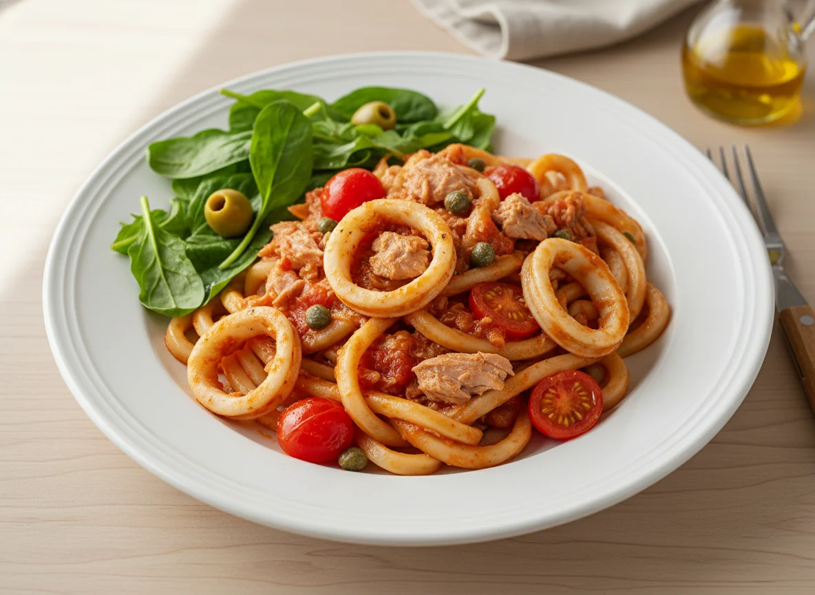 Udon-Nudeln mit Thunfisch-Tomatensauce und Salat photo