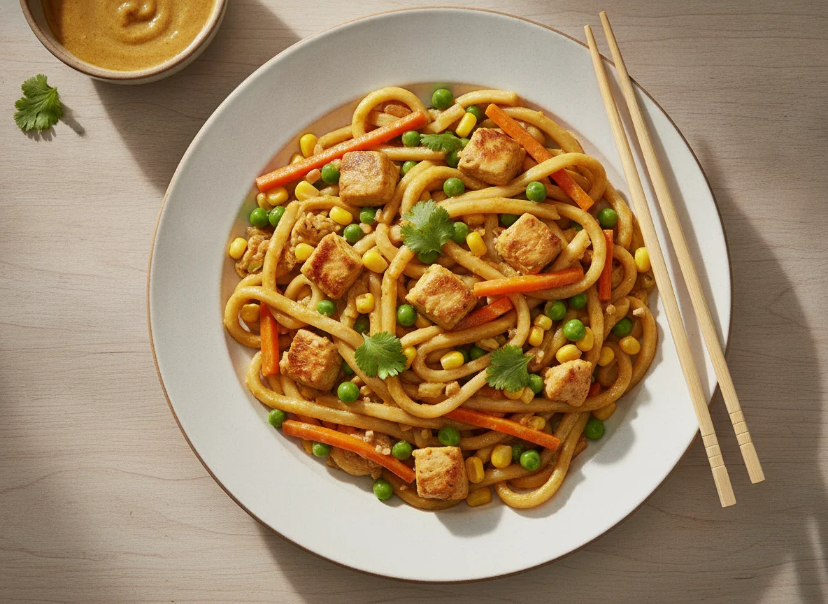 Udon-Nudelpfanne mit Hähnchen und Gemüse photo