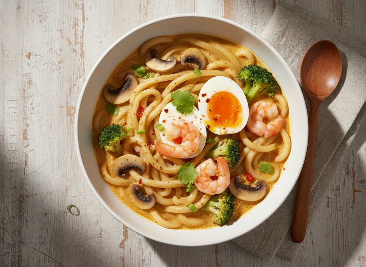 Udon-Nudelsuppe mit Ei und Brokkoli photo