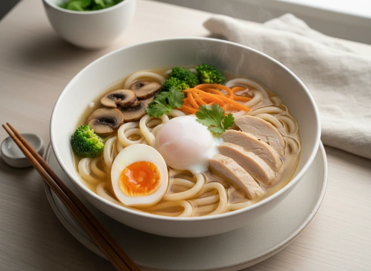 Udon-Nudelsuppe mit Ei und Gemüse photo