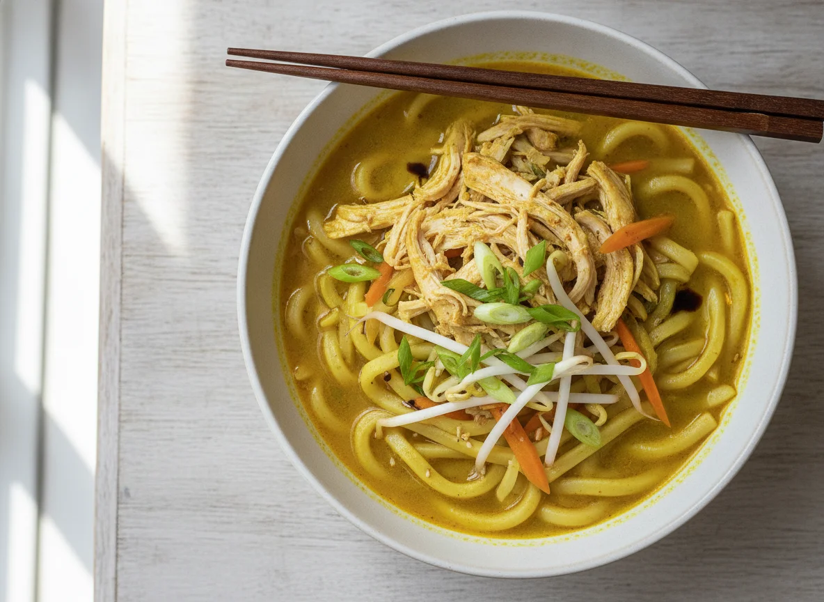 Udon-Nudelsuppe mit Hähnchen photo