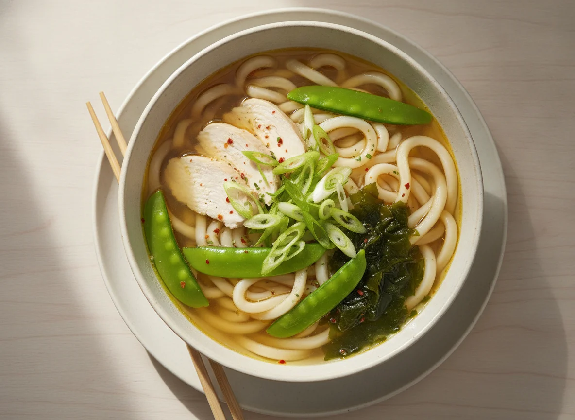 Udon-Nudelsuppe mit Huhn und Gemüse photo