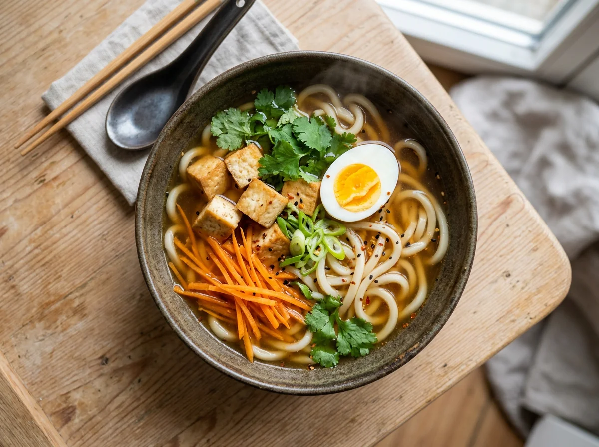 Udon-Nudelsuppe mit Tofu und Ei photo