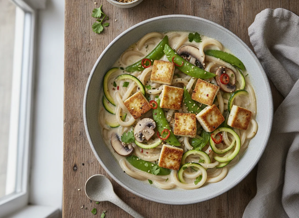 Udon-Nudelsuppe mit Tofu und Gemüse photo
