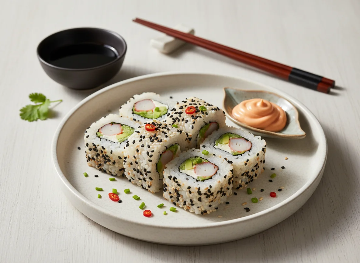 Uramaki Sushi mit Avocado und Surimi photo