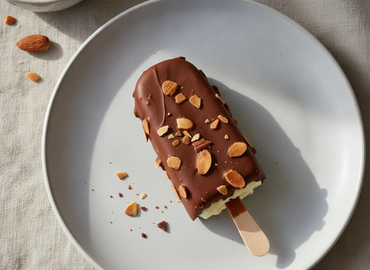 Vanille-Eis am Stiel mit Milchschokolade und Mandeln photo