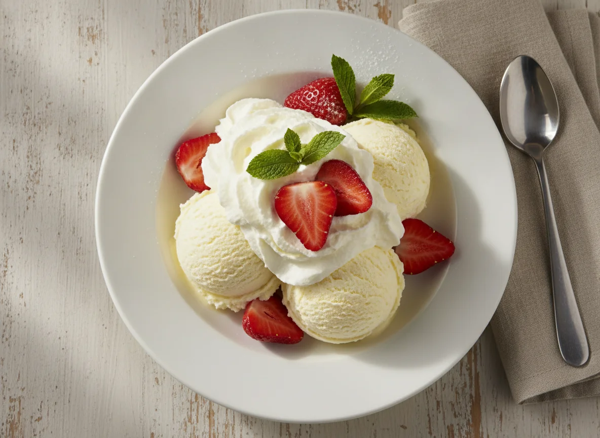 Vanilleeis mit Erdbeeren und Sahne photo