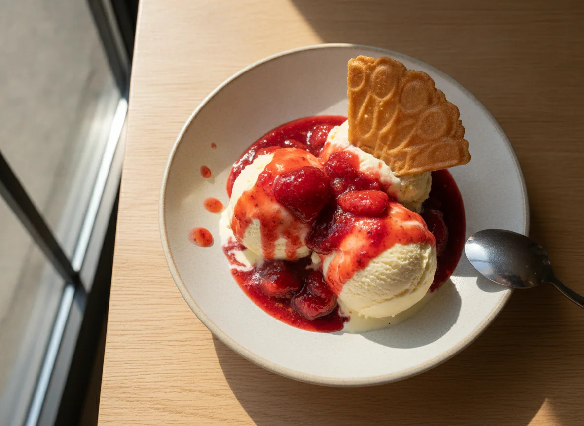 Vanilleeis mit Erdbeersauce und Waffel photo