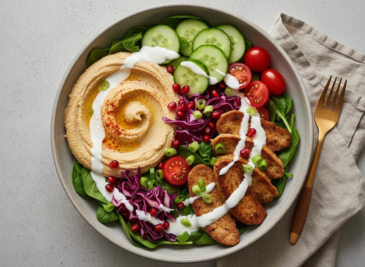 Vegane Bowl mit Hummus und Seitan photo