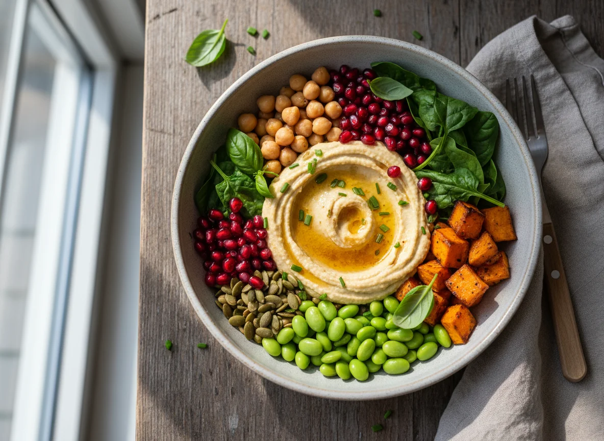 Vegane Bowl mit Kichererbsen und Spinat photo