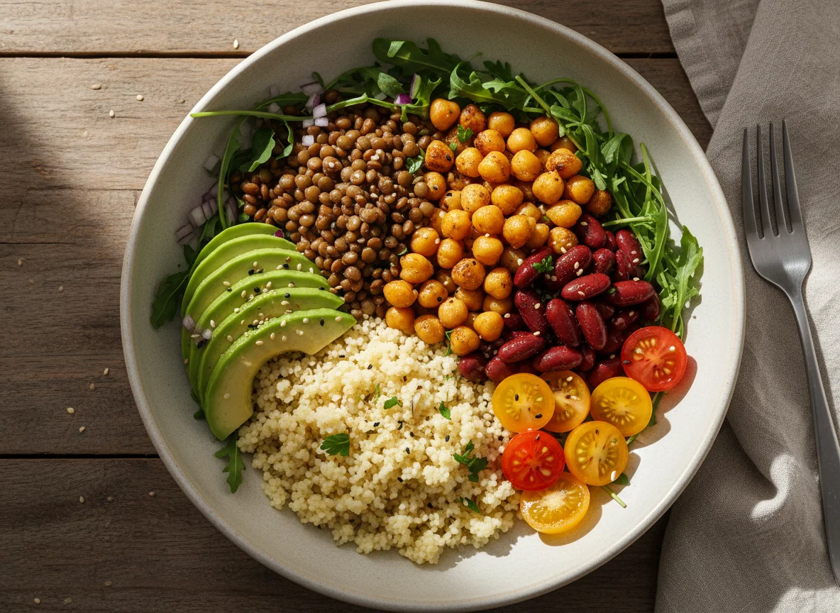 Vegane Bowl mit Linsen, Kichererbsen, Bohnen und Avocado photo