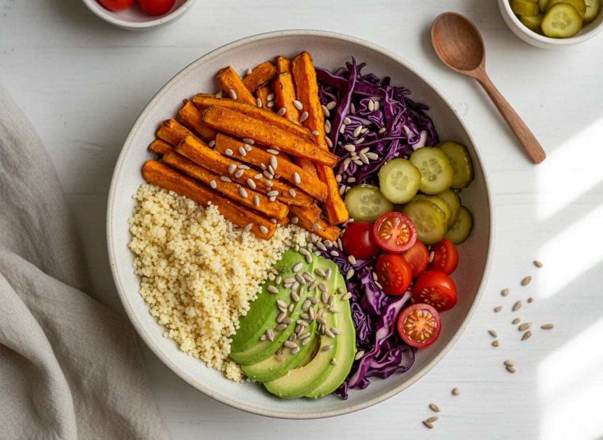 Vegane Bowl mit Süßkartoffel und Avocado photo