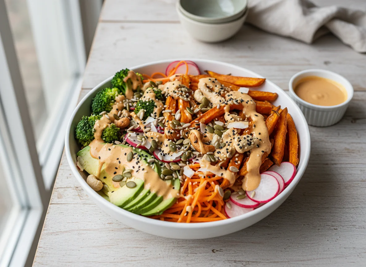Vegane Bowl mit Süßkartoffelpommes photo